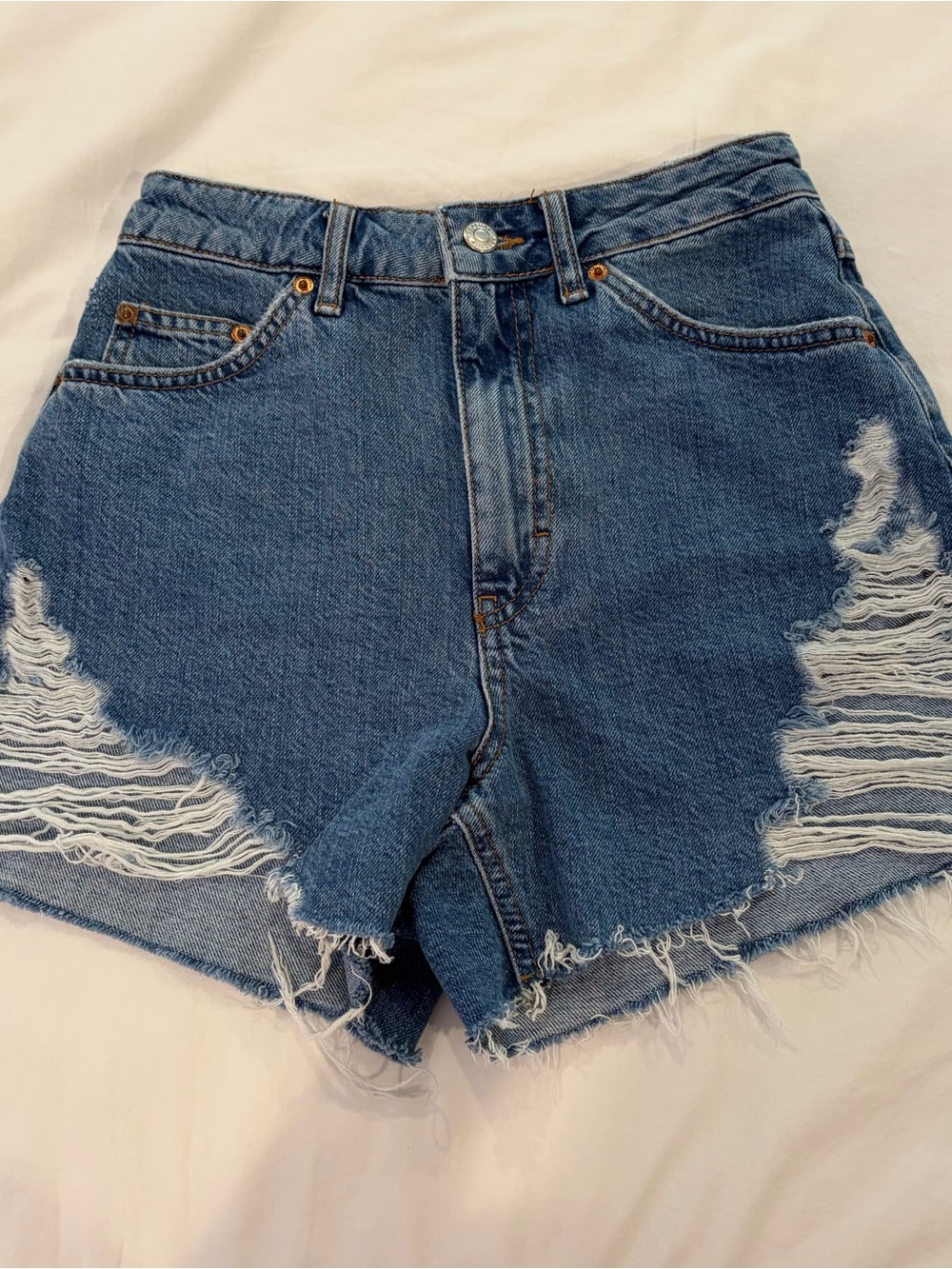 Topshop Distressed High-Rise Blue Denim Shorts